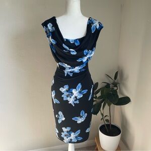 Connected Vintage 90’s black midi dress with blue floral print